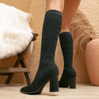 AMELIA - Trendige hohe Strickstiefel mit bequemem Blockabsatz