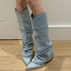 Polly - Trendige kniehohe Stiefel aus Denim